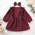 thumbnail image 4 of Styles I Love Toddler Girls Buttons Ruffle Long Sleeve Solid Corduroy Dress with Bow Hair Clip 2pcs Fall Winter Dressy Outfit (Burgundy, 24 Months), 4 of 5
