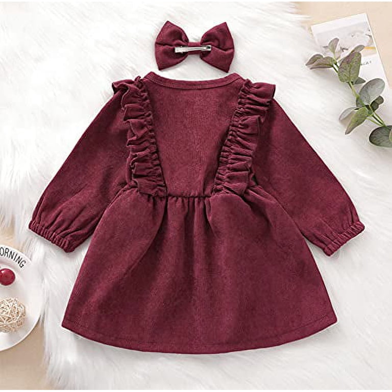 burgundy corduroy dress girls Styles I Love Toddler Buttons Ruffle Long Sleeve Solid with Bow Hair Clip 2pcs Fall Winter Dressy Outfit / 5T Size:9.5 US Men (8.5 UK/AU)