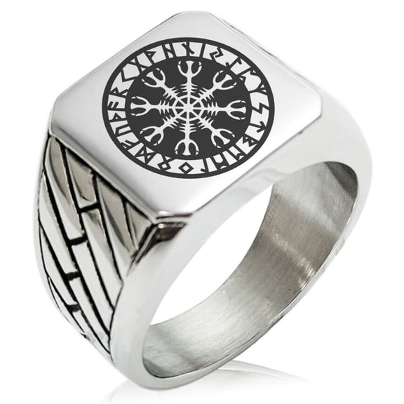Stainless Steel Helm of Awe Viking Norse Geometric Pattern Biker Style Polished Ring