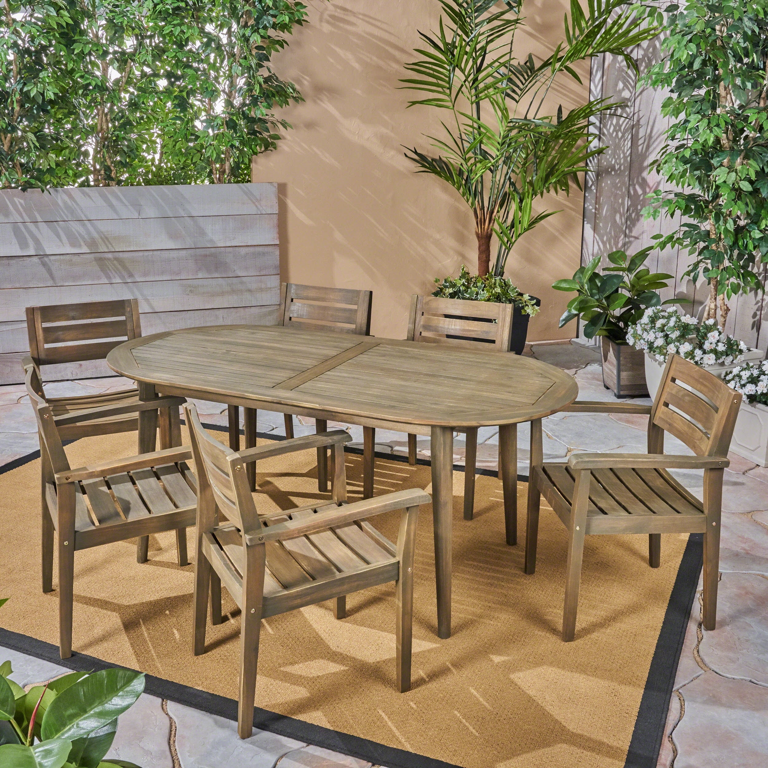 Vivienne Outdoor 7 Piece Acacia Wood Oval Dining Set, Gray