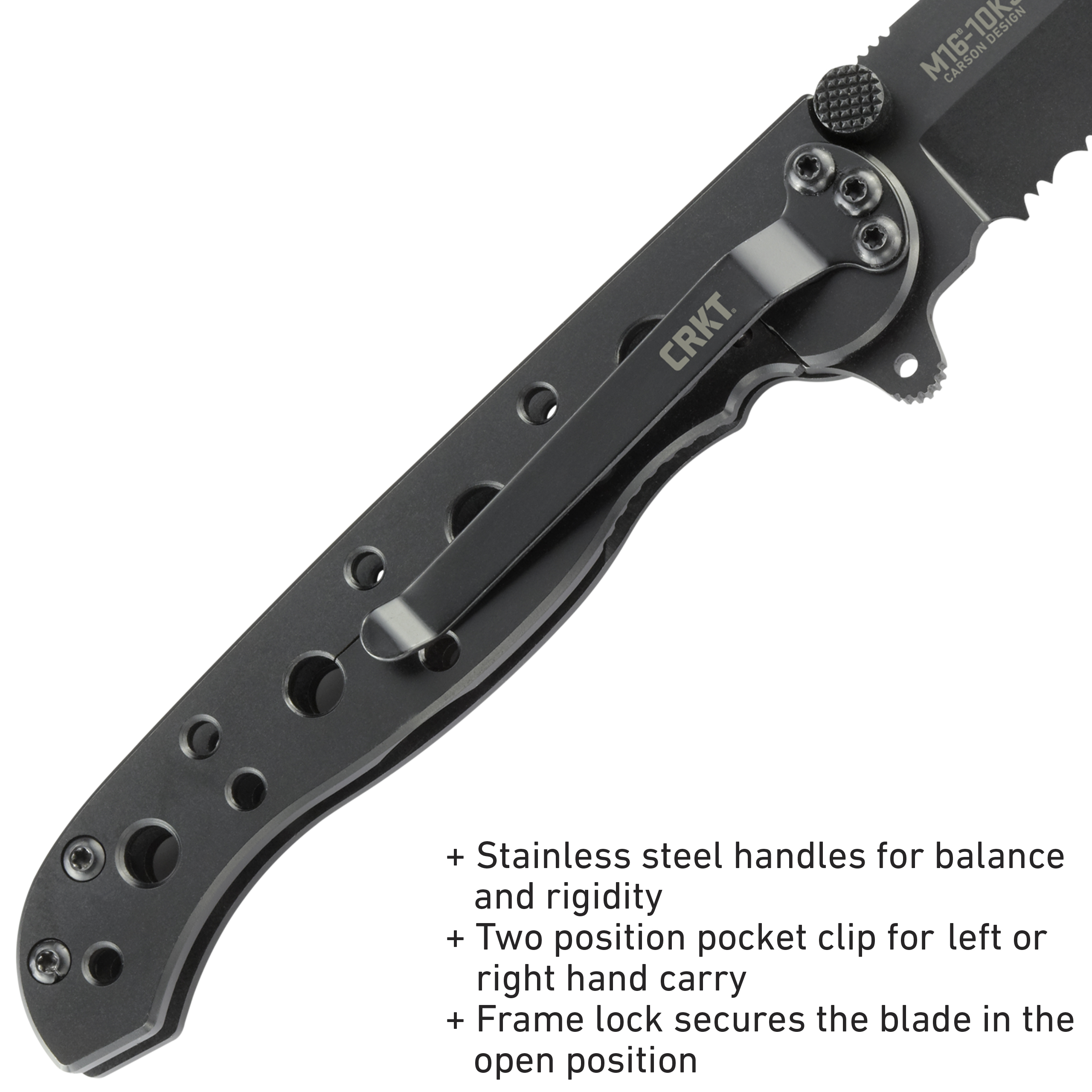 CRKT M16-10KS Folding Knife with Frame Lock: Stainless Steel Triple Point Serrations Blade, Stainless Steel Handle, Reversible Pocket Clip, M16-10KS