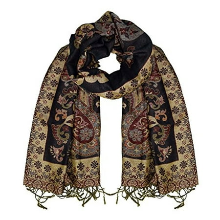 Layer Scarf - Peach Couture Floral Peacock Reversible Shimmer Layered Pashmina Wrap Shawl Scarf (Ebony)
