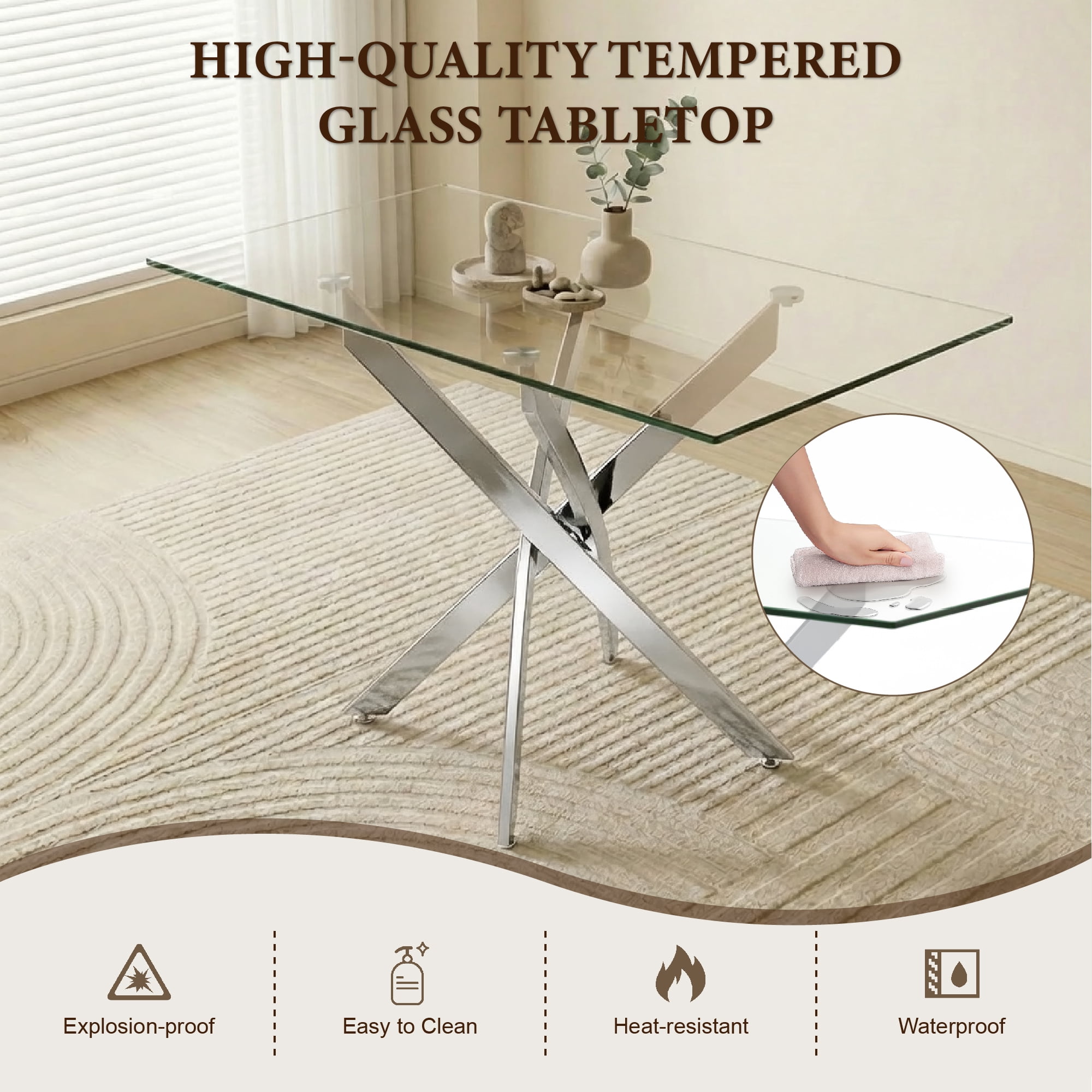 Garitin Dining Table and Rectangular Glass Top Kitchen Table 47.24 Inch, Modern Center Table with Silver Metal Legs for Dining Room, Silver