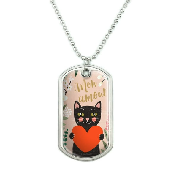 Mon Amour My Love French Cat Heart Military Dog Tag Pendant Necklace with Chain