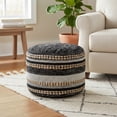 thumbnail image 2 of LR Home Round Black/Gray Striped Cotton and Jute Pouf Ottoman, 14" H x 18" W, 2 of 7