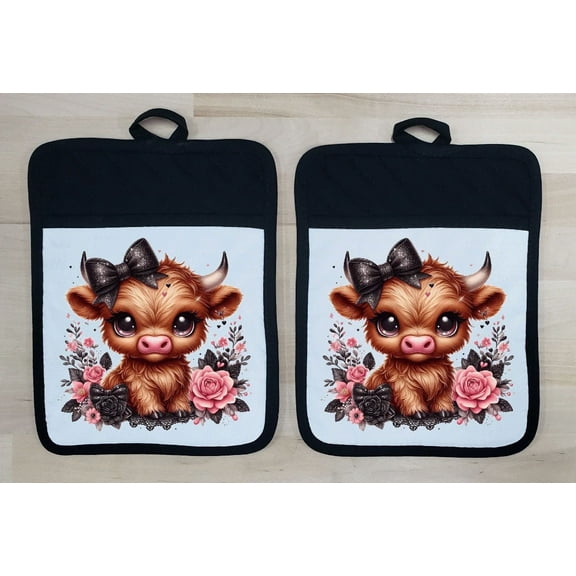 Black 9" X 7" Pocket Pot Holders - Highland Cow Girl Roses - Dz003-Blk2P