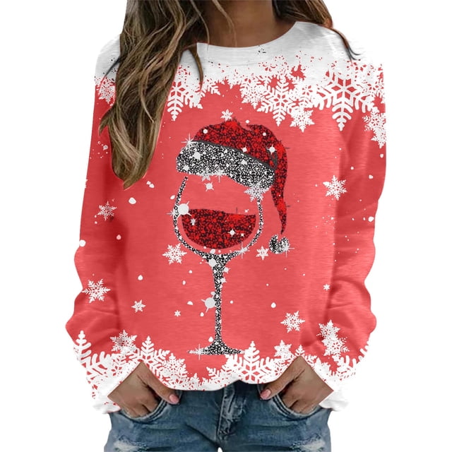 WEAIXIMIUNG Chandails en Molleton Grande Taille pour Femmes Mode Hiver Décontracté Rouge Verre Flocon de Neige Imprimé de Noël Col Rond Manches Longues Sweat à Capuche