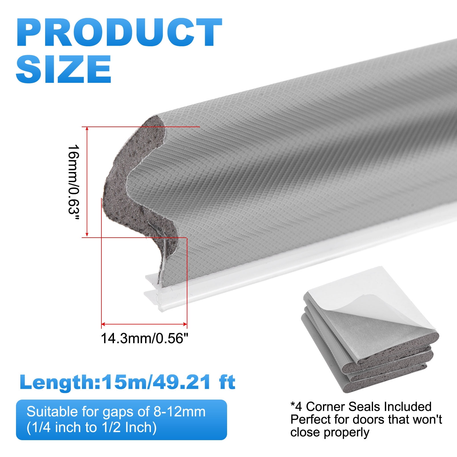 Uxcell Door Weather Stripping, 49.21 ft V-shaped Kerf Front Exterior Door Frame Weather Stripping with 4 Corner Seals for Soundproof Entry Interior Frame Window Gap Filler, Grey