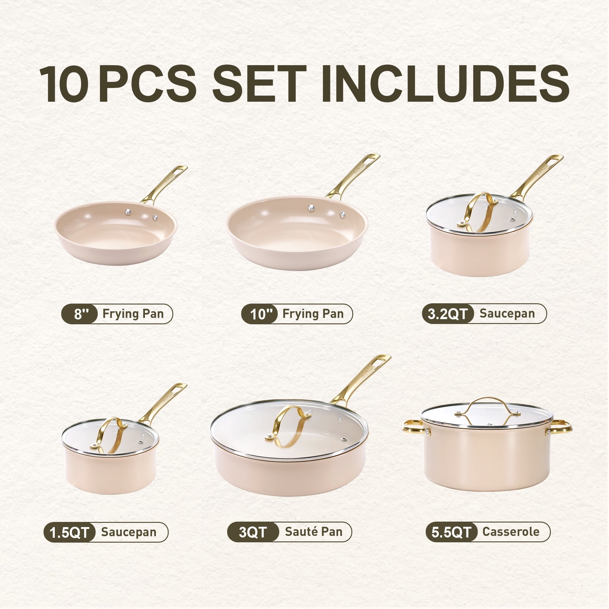 Chef Power Ceramic Cookware Sets, 10Pcs Pots and Pans Set Non Stick, Cookware Set with Stainless Steel Handle, Dishwasher & Oven Safe,  Taupe with Light Gold Handle