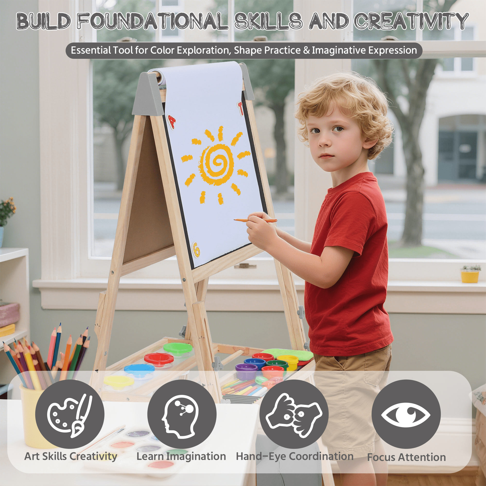 AILEEKISS Kids Art Easel Double-Sided Art Easel with Whiteboard and Chalkboard for Painting, Grey