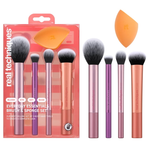 Real Techniques Everyday Essentials Kit, Makeup Brush & Beauty Sponge Set, 5 Piece Set