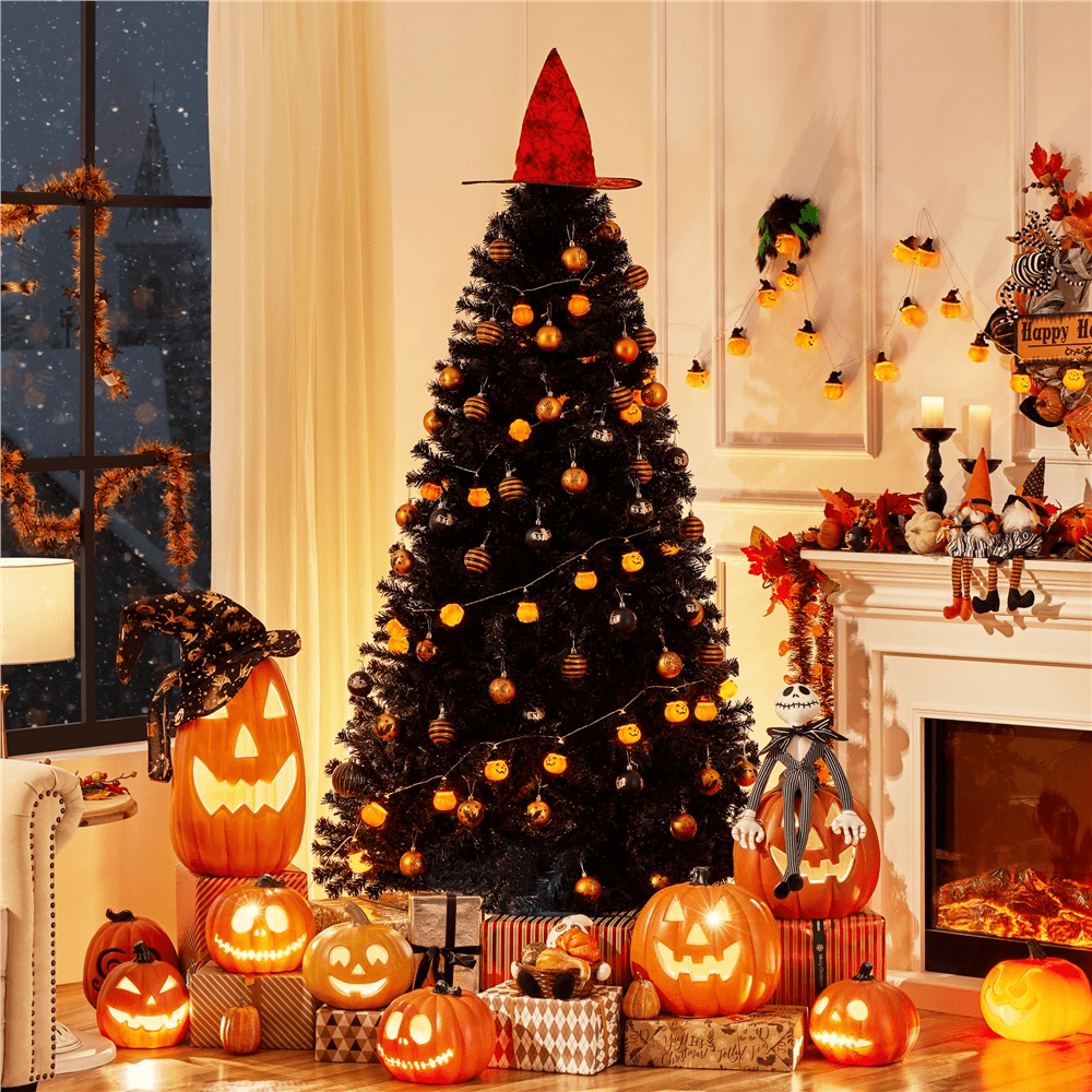 Alden Design 6FT Hinged Fir Artificial Christmas Tree with Foldable Stand, Black