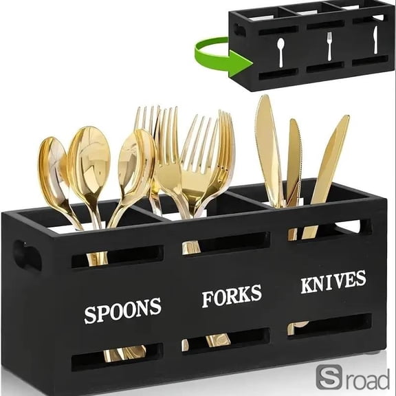 Homlyo Rectangular Cutlery Storage Box - 3-Compartment Utensil Organizer For Knives, Forks, Spoons, Kitchen & Dining Tabletop Countertop Holder,black