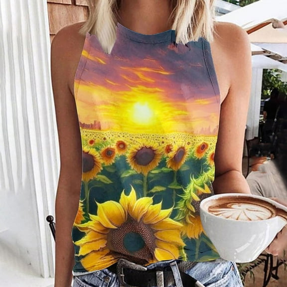 Aloohaidyvio Tank Tops for Women,Women's Casual Sunflower Print Basic Tank Tops 2024 Round Neck Soft Sleeveless T-shirt Summer Loose Shirts