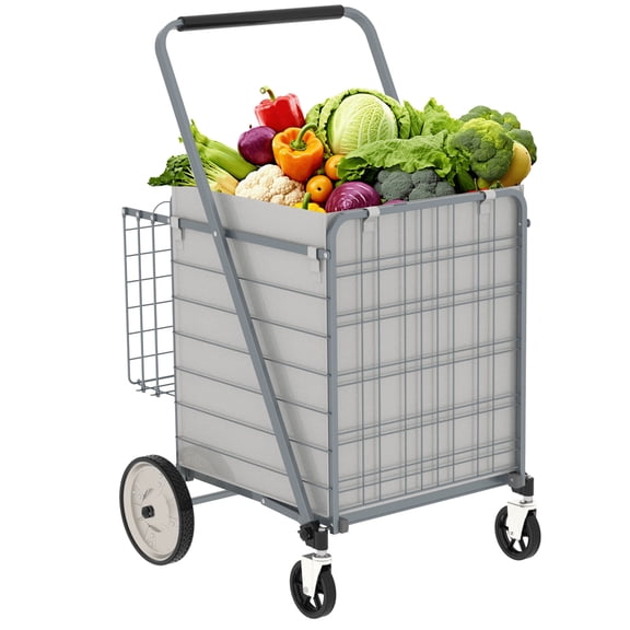 CQSXDA Bigger Super Jumbo Shopping Cart In Grey, Foldable Utility With Double Basket And 360 Degree Rolling Swivel Wheels