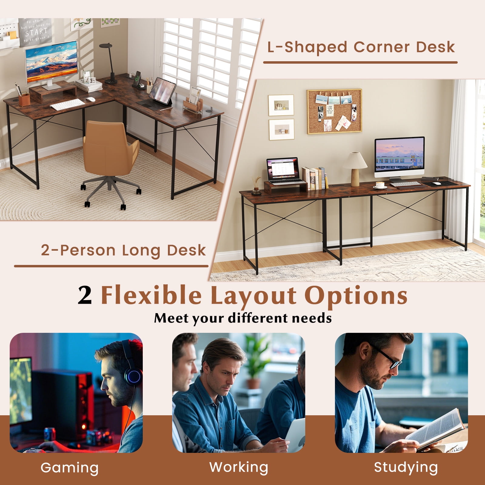 Giantex 95 Inch Reversible Corner Desk, L-Shaped Computer Desk w/Monitor Stand & 3 Cable Holes, 2-Person Long Study Writing Desk for ome Office, Rustic Brown