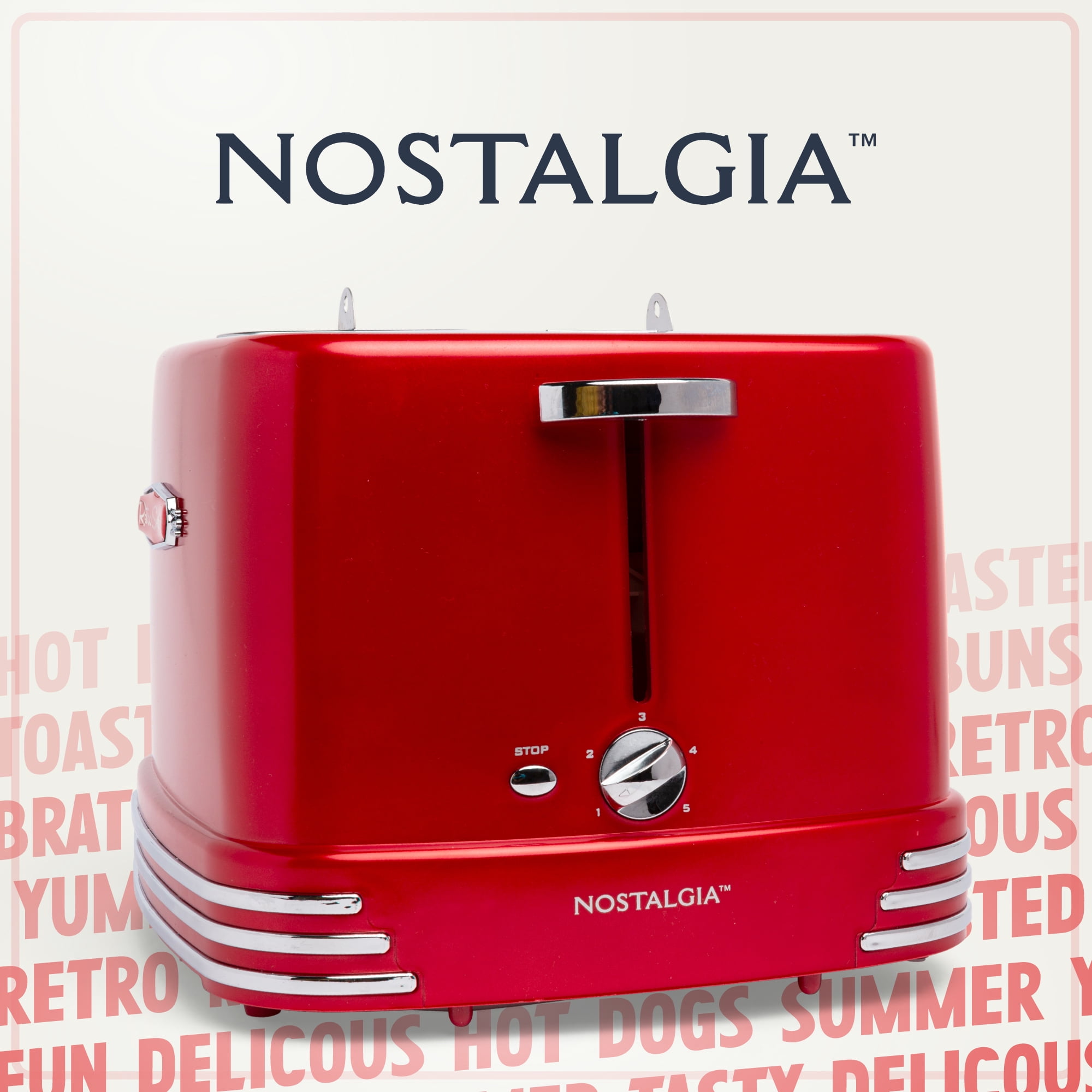 Nostalgia 4-Slot Retro Pop-Up Bun and Hot Dog Toaster with Slide Out Drip Trays and Mini Tongs, Red