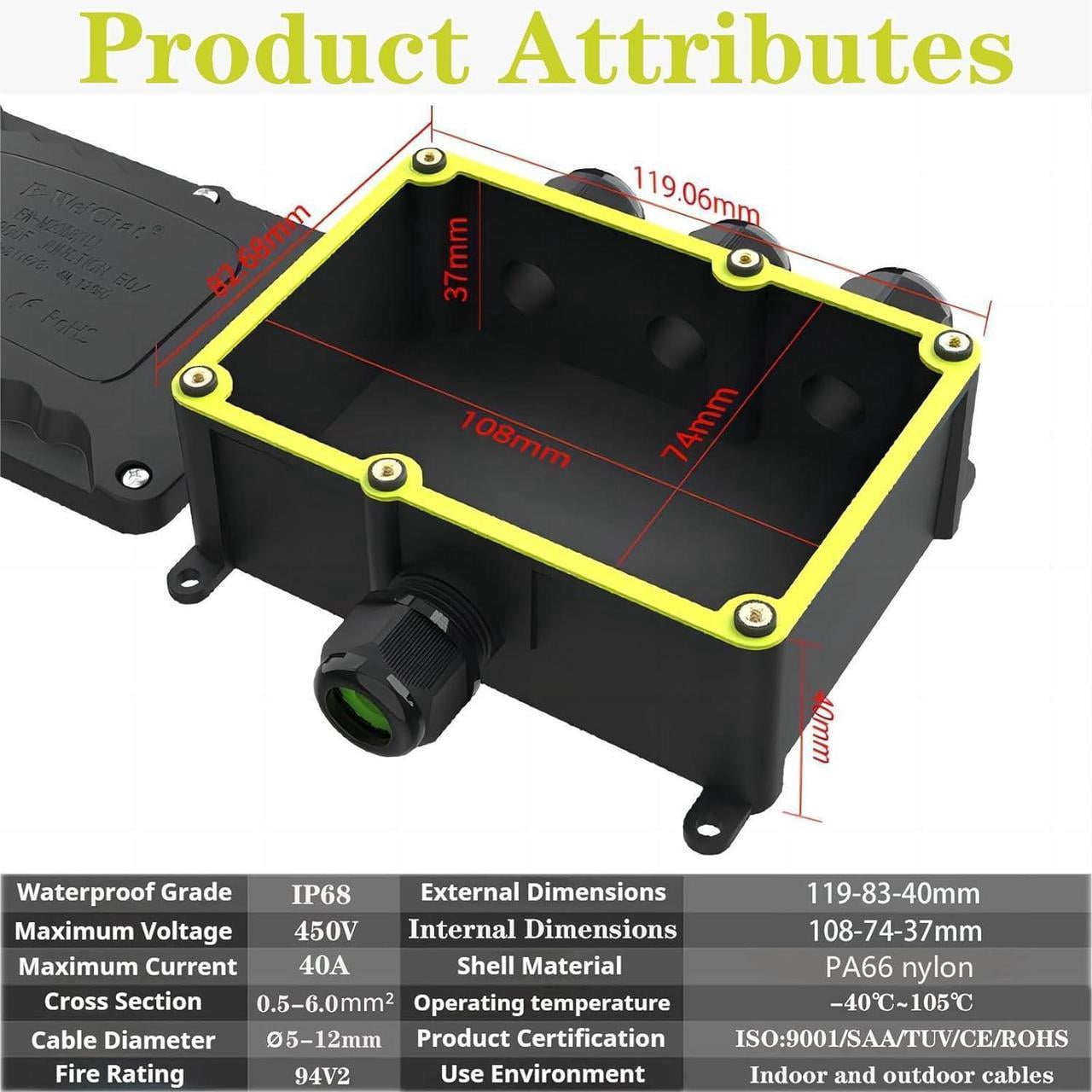 4-Way XL Waterproof Outdoor Junction Box, IP68 Rated, Suitable for Underground & 5-12mm Electrical Connections