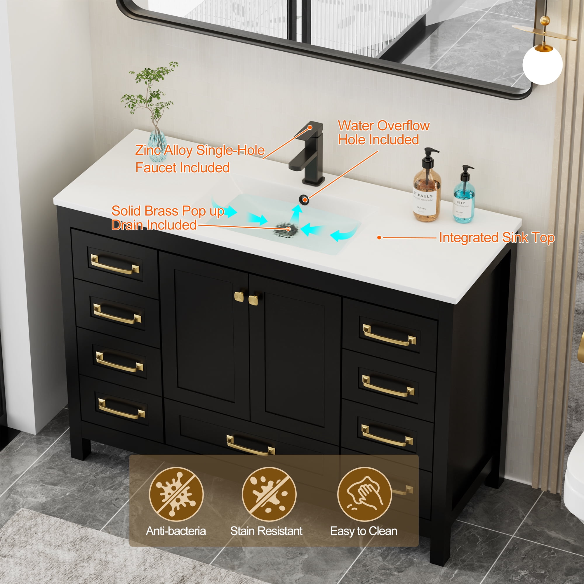 Eclife 48" Freestanding Bathroom Vanity with Integrated Sink Top, Multi-Compartment Storage, Zinc Alloy Faucet