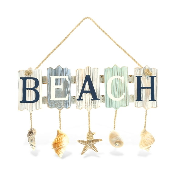 CoTa Global Aquarius Beach Shells Sign Nautical Wall Accent- Nautical Themed Wood Accent, Beach Decor for Wall, Novelty Hanging Beach Shells with Hanging Rope Wooden Figure