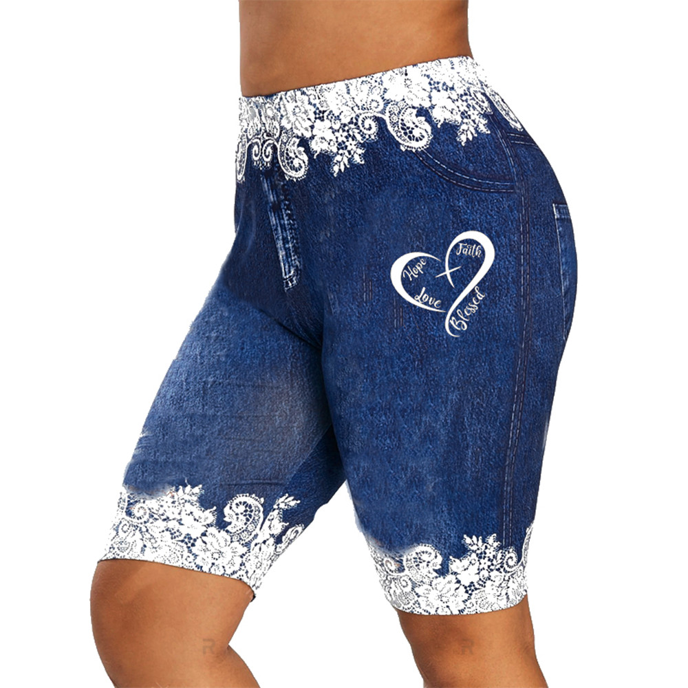 High waist Lace Print Denim Shorts Plus 