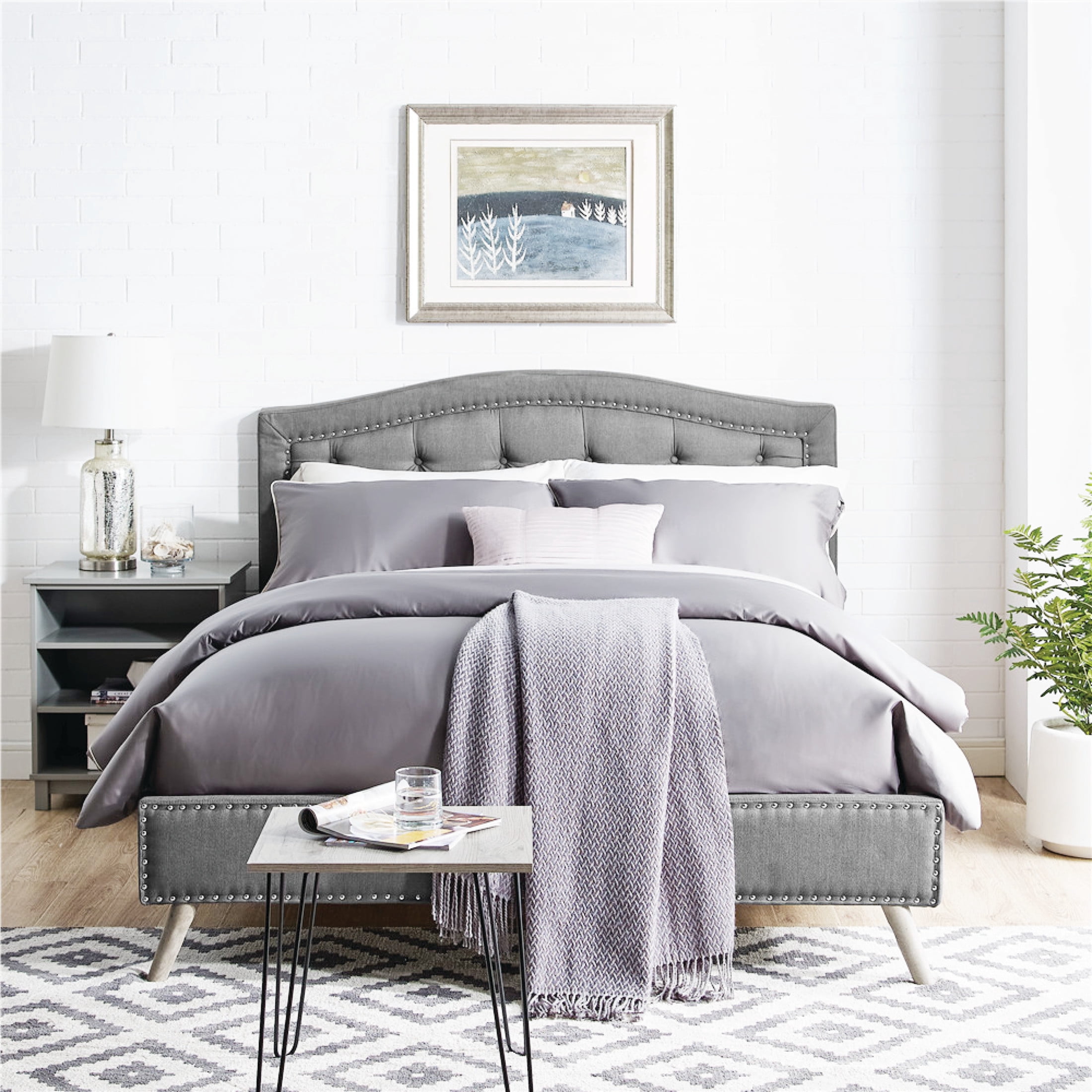 DeCoro Austin Diamond Tufted Upholstered Platform Bed | Headboard and Wood Frame with Wood Slat Support, King, Peyton Steel