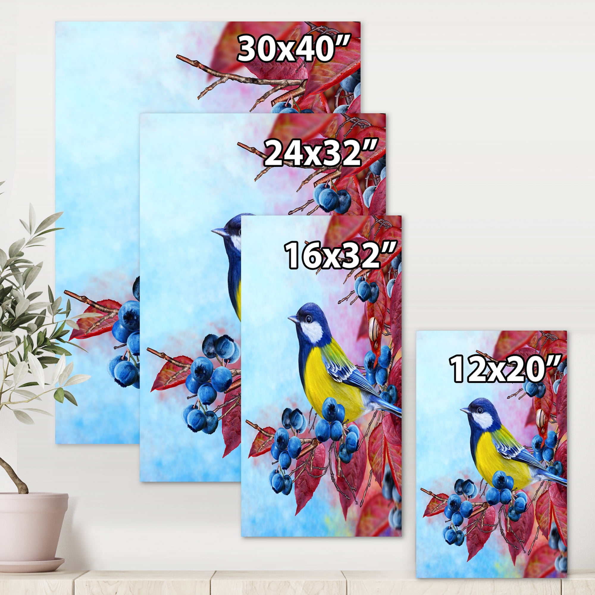 Bright Bird Bullfinch Sitting On A Branch of Berries II 12 in x 8 in Painting Canvas Art Print, by Designart