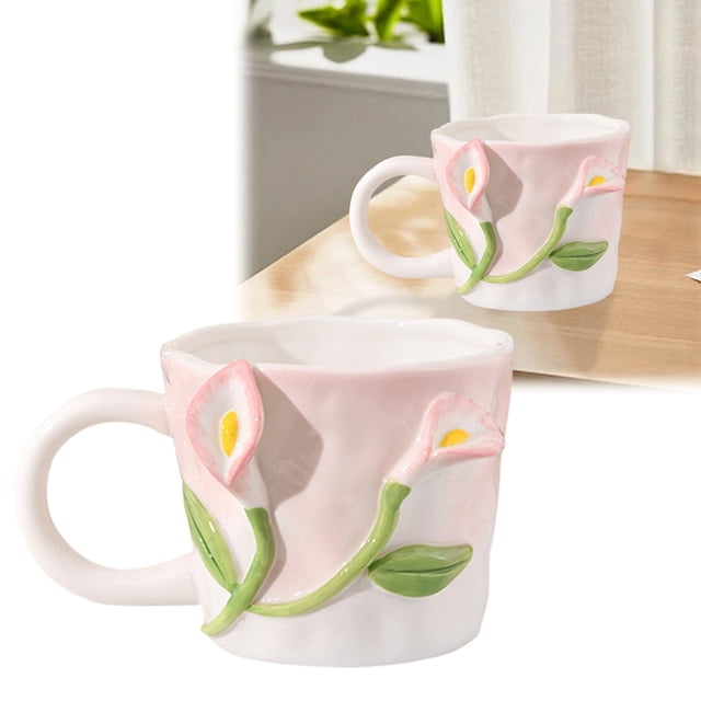 CRCMURE Glass&Bottle Embossed Ceramic Cups Handmade Large Coffee Cups Ceramic Coffee Cups Embossed Coffee Cups For Hot Or Cold Coffee Cereal Lattes