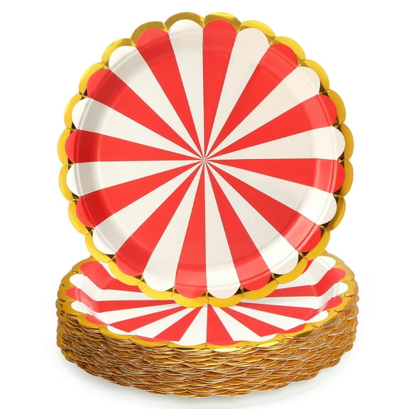 50 Pcs Party Plates, Red Disposable 9 inch Scalloped Paper Dinner Plates Sets Party Supplies for Birthday Baby Shower Bridal Shower Picnic, Red and White Striped