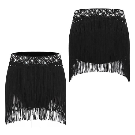 TiaoBug Jazz Latin Dance Skirt for Girls Sparkle Fringe Tassels Belly Dance Ballroom Salsa Tango Performance Black 10