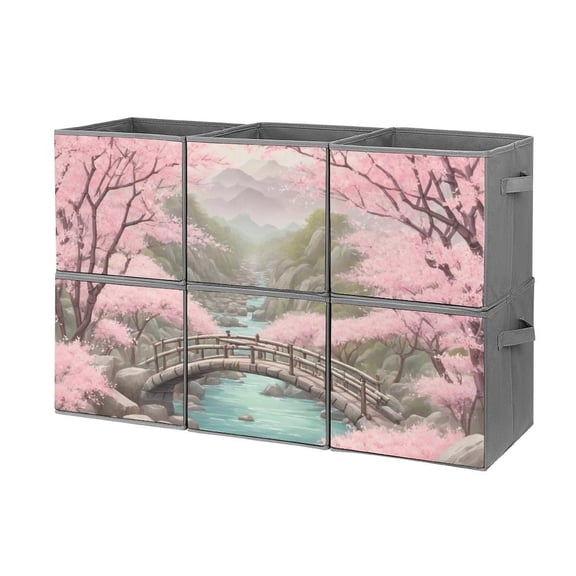 Set of 6 Collapsible Oxford Fabric Storage Cubes with Handles, Foldable Closet Organizer Bins for Clothes, Toys, Shelves, Home & Kitchen Cherry Bloom