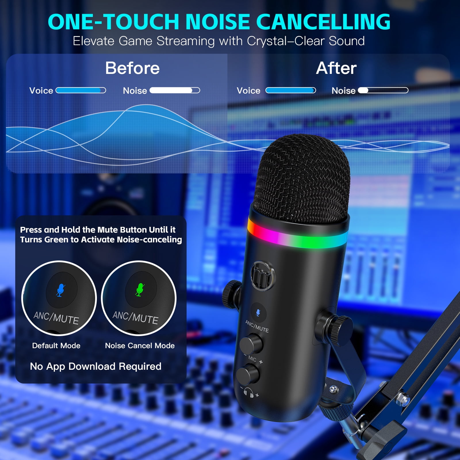 ZealSound Podcast Microphone for PC/Mac/iPhone – USB Studio Mic with Noise Cancellation, RGB Lighting, Mute, Gain, Monitoring & Echo, Boom Arm & Pop Filter, Streaming, Recording, TikTok, YouTube