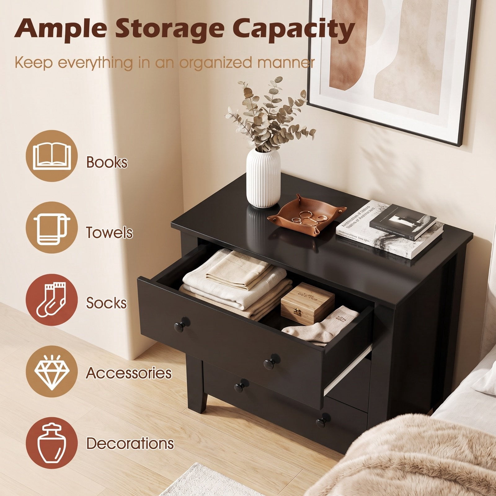 Furnibear 3 Drawer Dresser Chest of Drawers Bedside Table, Wood Grain, for Bedroom Closet Living Room Nursery Clothes Storage, Dark Brown
