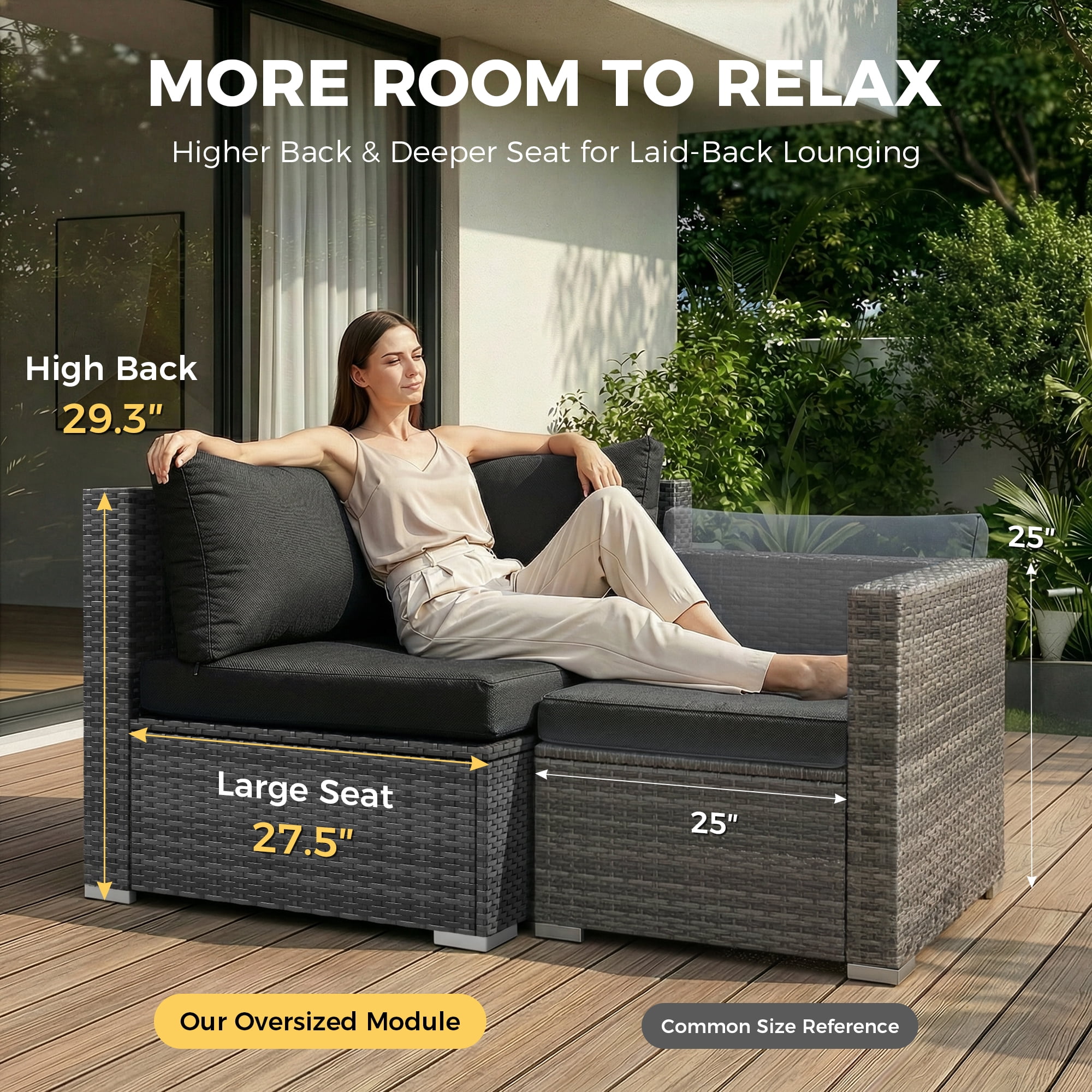 RADIATA 10-Piece Patio Furniture Set with Fire Pit Table, Outdoor Sectional with 43" 60000 BTU Firepit Table, Double Chaise Lounge, High Back Wicker Outdoor Sectional with Fire Pit Set,Black