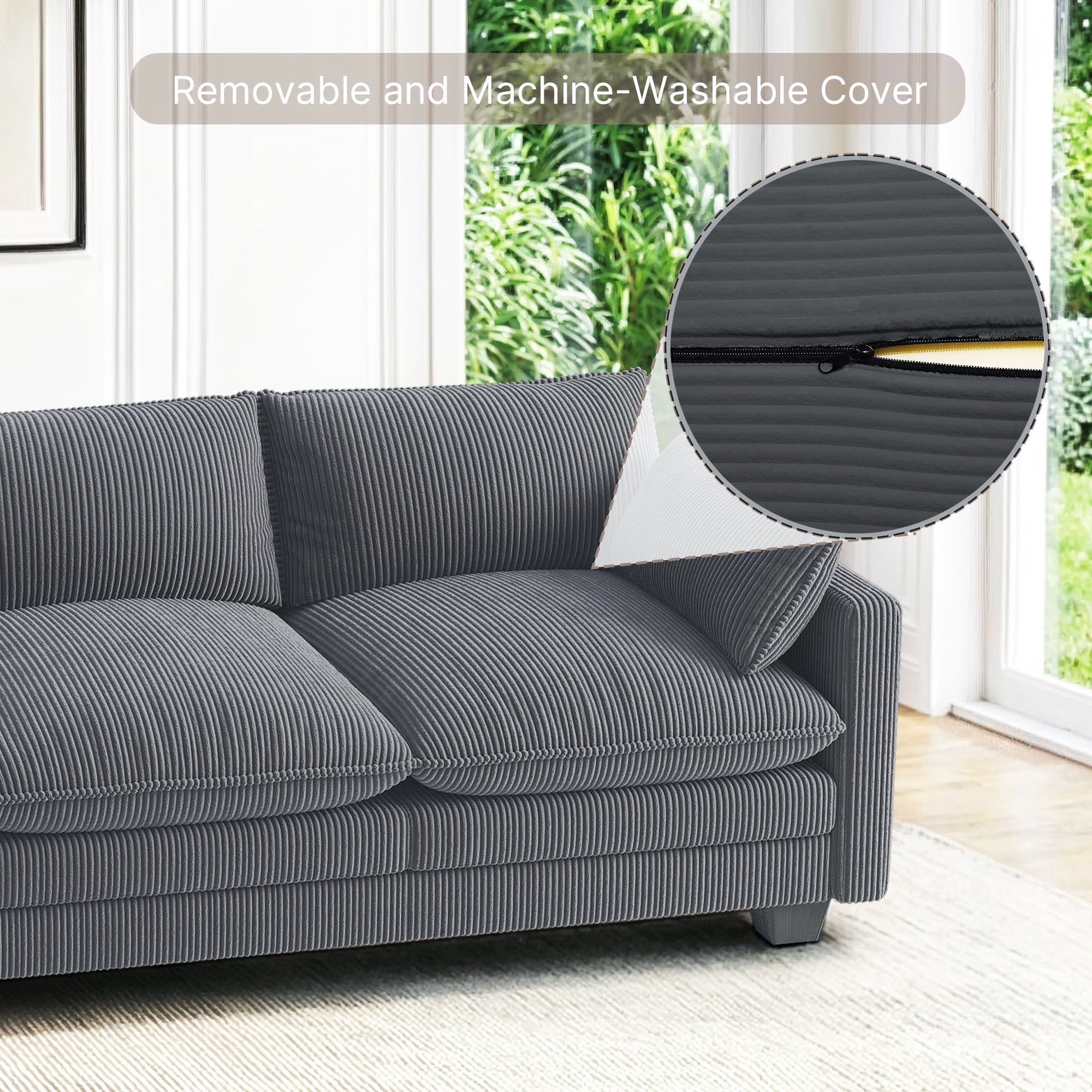 110.2" Cloud Sectional Couch with L-Shape Chaise,Lofka Modern Modular Sofa with Deep Seat, Upholstered Couches for Living Room Bedroom, Gray (Plush Corduroy Fabric)