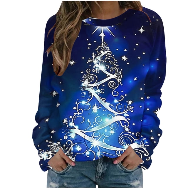 Rbaofujie Pull à Capuche de Noël pour Femmes, Mode Décontractée, Imprimé, Col Rond, Manches Longues, Blouse Ample, Chandails en Molleton Bleus