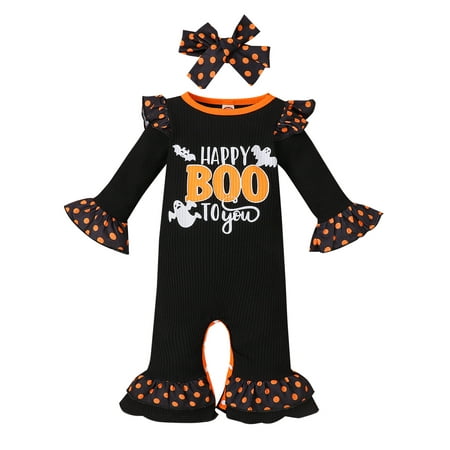

2PCS My First Halloween Newborn Baby Girl Romper Letter Print Flared Cuff Long Sleeve Jumpsuit Headwear Outfit