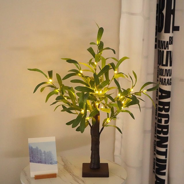 Olivo decorativo iluminado, alimentado por batería o USB - 45,7 cm - 30 LED blanco cálido con temporizador - Árbol de vegetación artificial con luces de cadena para bodas, fiestas, hogar, decoraciones