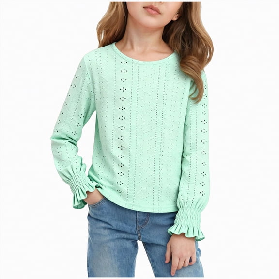 mgoYE Girl T-Shirts Teen Girls' Long Sleeve Shirts Lace Loose Fit Casual Crewneck Blouses Tops(Mint Green,14-16 Years)
