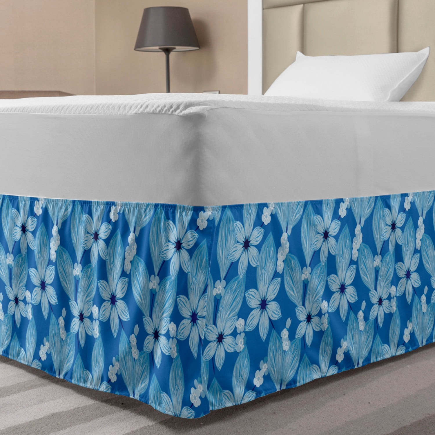 Floral Bed Skirt, Botanical Top View of Flower Petals Blossoming in