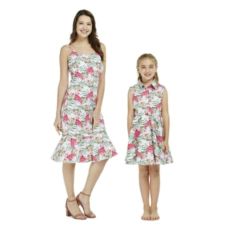 

Matching Hawaiian Luau Mother Mermaid Dress Daughter Shirt Dress in Flamingo in Love