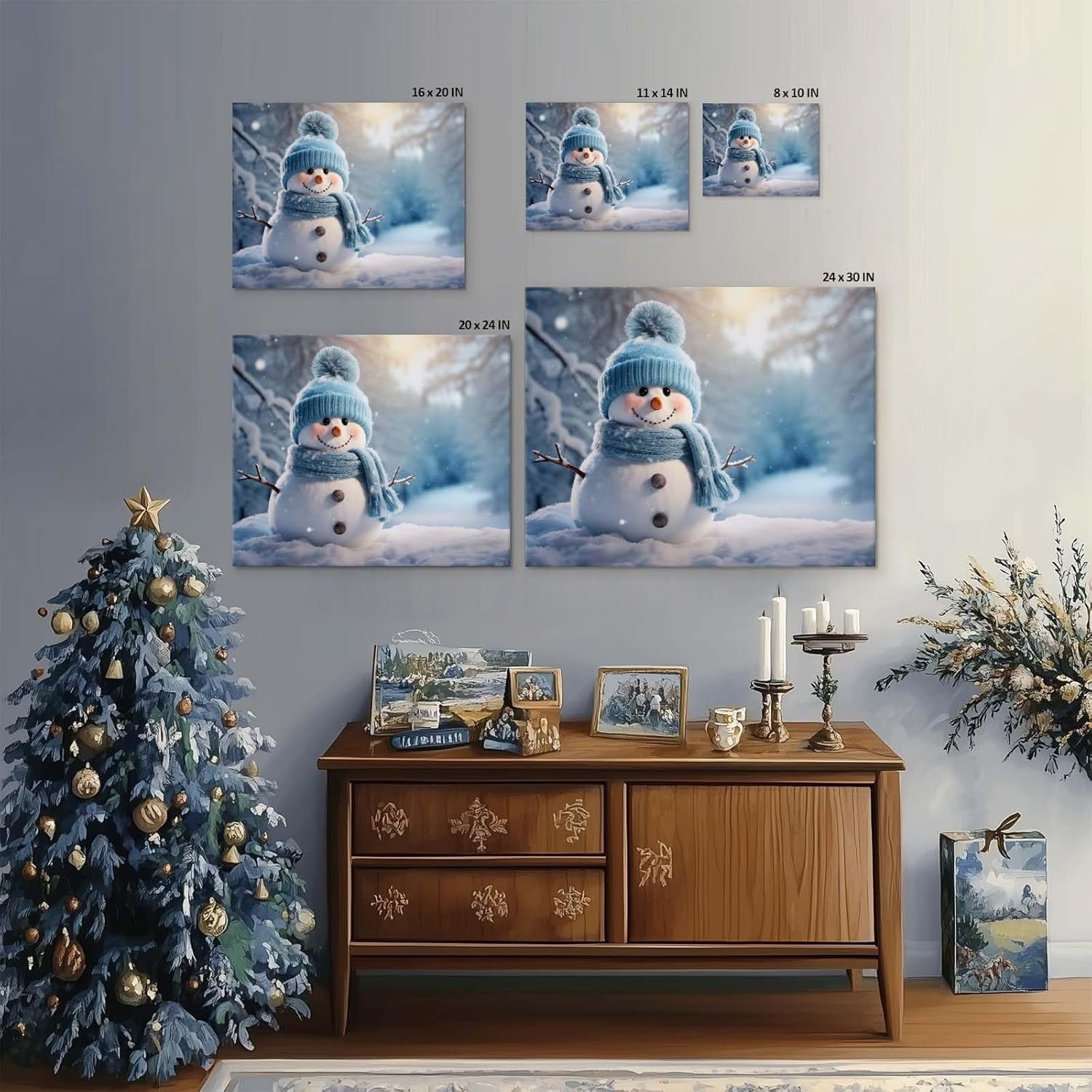 P&L Art Christmas Cute Snowman with Blue Hat and Scarf Print, Canvas, 16x20 in, Multicolor