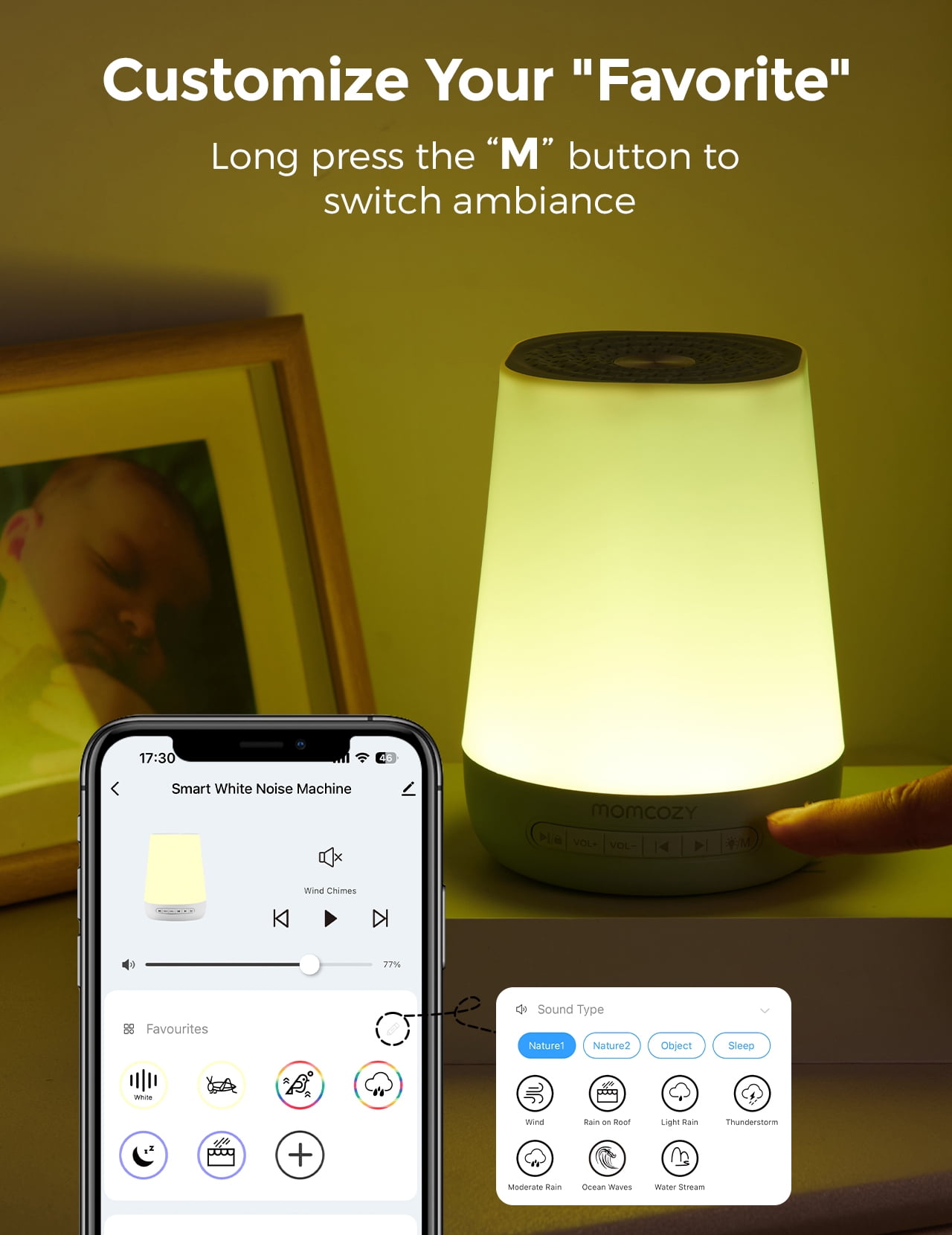 Momcozy White Noise Machine for Baby Sleeping with Night Light, Toddler Sleep Trainer with 34 Soothing Sounds, Timer, App Remote Control(Green)