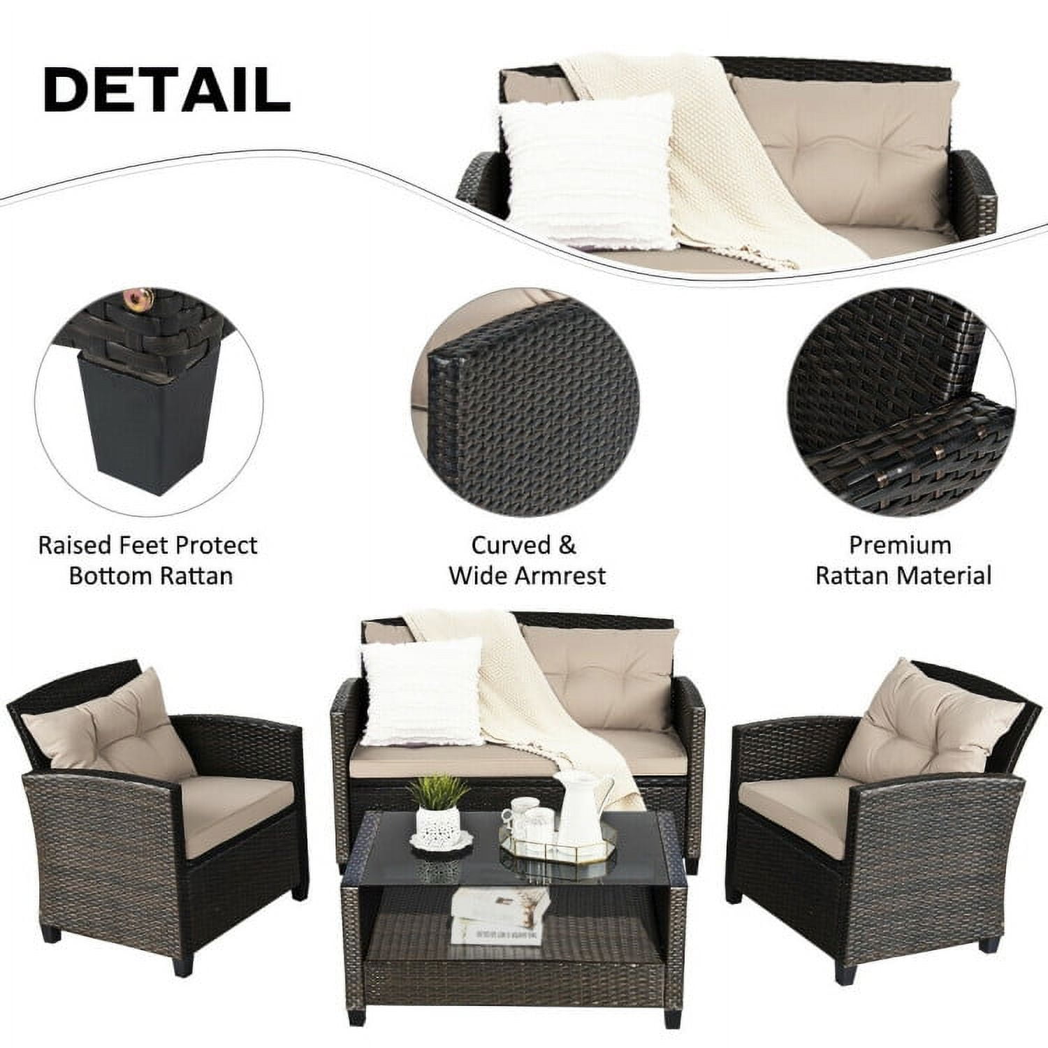 Aimee Lii 4 Pieces Outdoor Rattan Wicker Loveseat Furniture Set with Glass Table, Small Patio Set, Khaki Aimee Lii 4 Pieces Outdoor Rattan Wicker Loveseat Furniture Set with Glass Table, Small Patio Set, Khaki