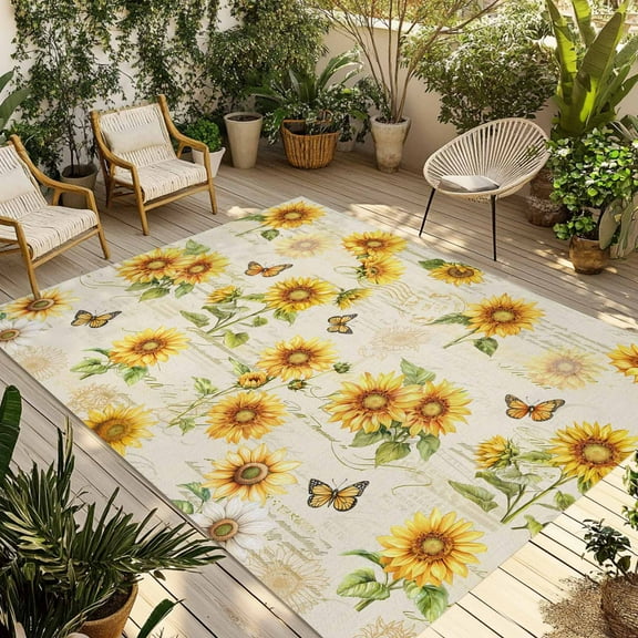 Fsddascl Summer Sunflowers Outdoor Rug for Patio/Deck/Porch, Non-Slip Large Area Rug 6 x 9 Ft, Farmhouse Vintage Floral Butterfly Indoor Outdoor Rugs Washable Area Rugs, Camping Rug Carpet