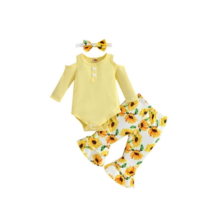 

Suanret 3Pcs Toddler Baby Girls Outfits Long Sleeve Rib Knit Romper + Sunflower Flare Pants + Headband Clothes Set Yellow 12-18 Months