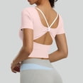 thumbnail image 2 of Women's Short Sleeve Yoga Tops with Built-in Bra Pad,Crew Neck Cross Butterfly Back Breathable Workout Shirts Pink M, 2 of 7