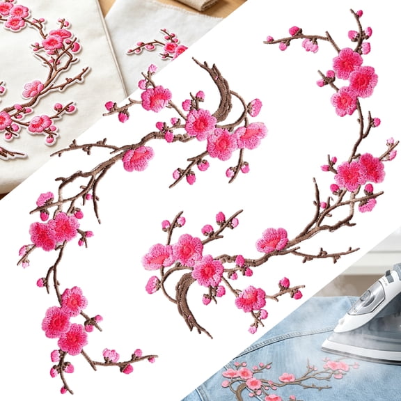 2PCS Cherry Blossom Iron On Patch – Embroidered Flower Patches for Clothes, Jeans, Bags & DIY Crafts, Iron-On Decoration