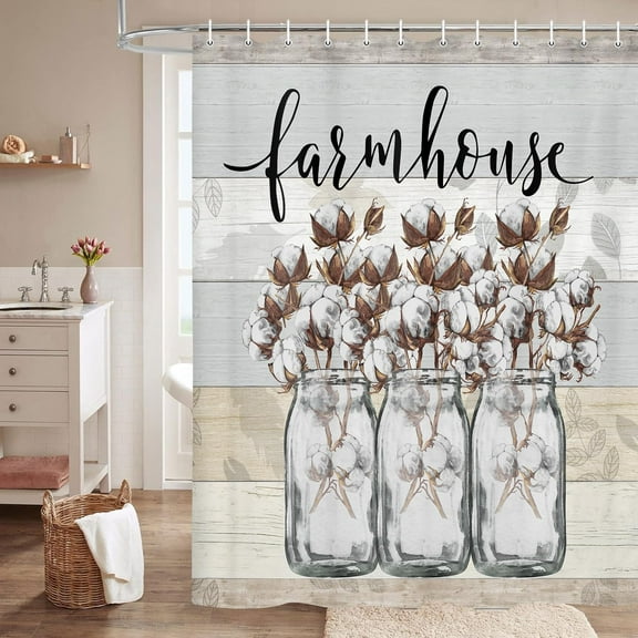 Farmhouse Floral RV Shower Curtain, Cotton Flower in Mason Jar Rustic Wooden Plank Camper Fabric Shower Curtain, Bathroom Curtains with Hooks Sets, 36x70inches