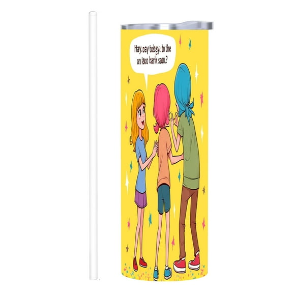 20 oz Stainless Steel Insulated Tumbler - Bright Yellow with Cartoon Girls Design Lids & Straw Perfect for Home Office & Travel